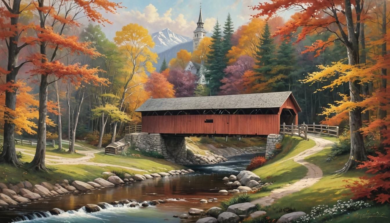 5 Words, 100% Prompt Weight Challenge - autumn: covered bridge: church: Kinkade  by @LTSings