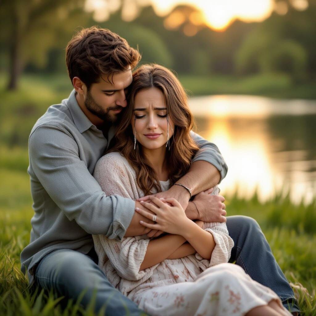 Couple Embracing at Sunset by Lake