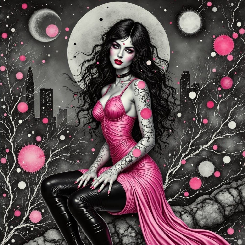 <lora:Alcoholic Inks:0.8>Asian Goth Female, Long Black Pink Hair, Black Make up, Pink Latex Dress, Black Latex Thigh Boots, Cityscape, Late...