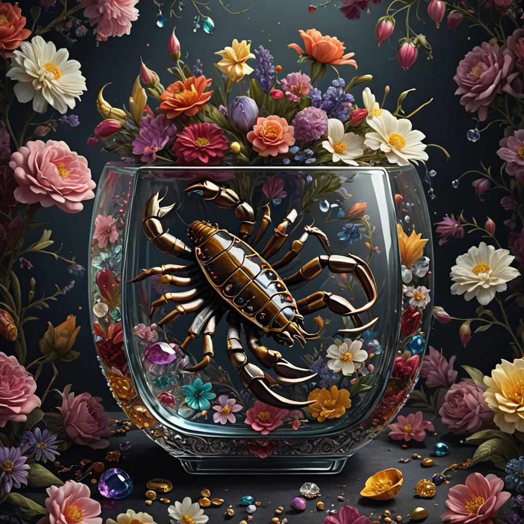 Colorful Scorpion in Vase with Jewels and Flowers