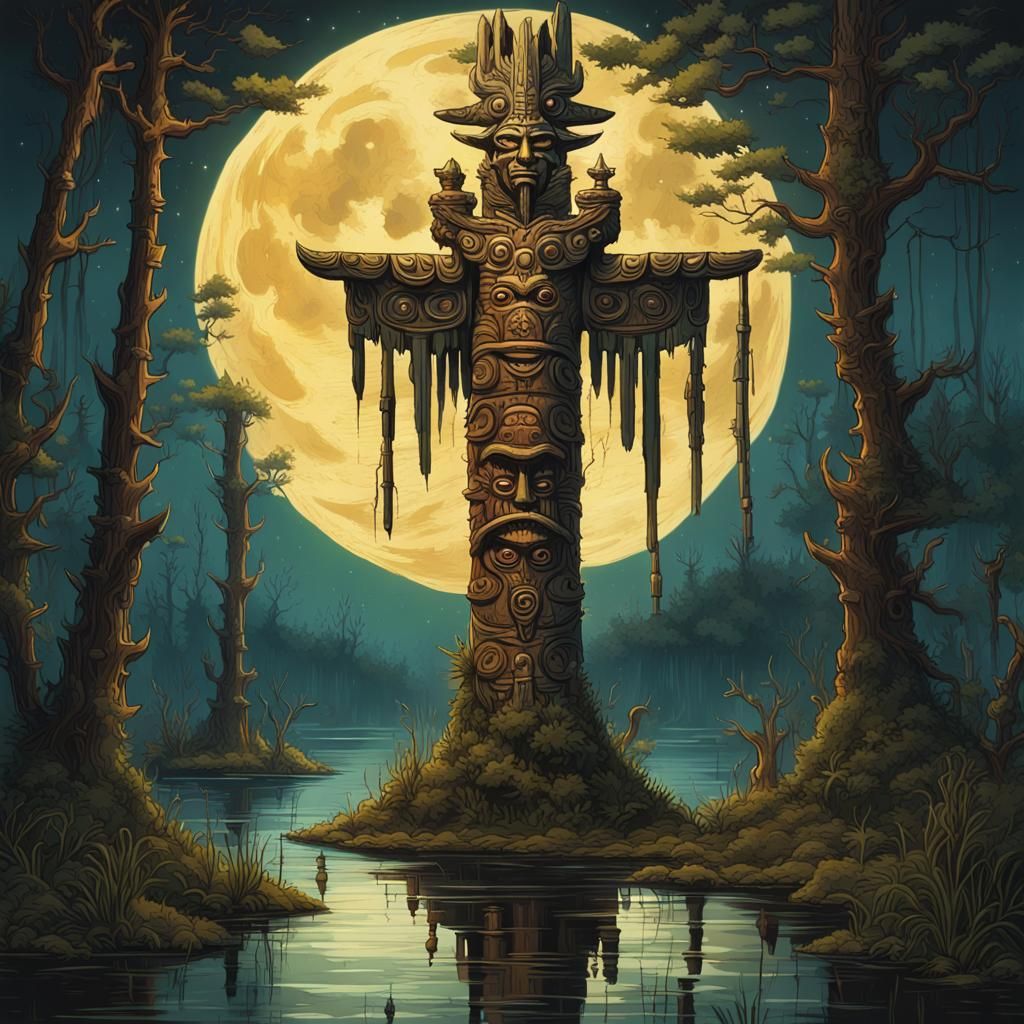 “Posuka Demizu cartoon-art. Dramatic totem pole in the bayou...