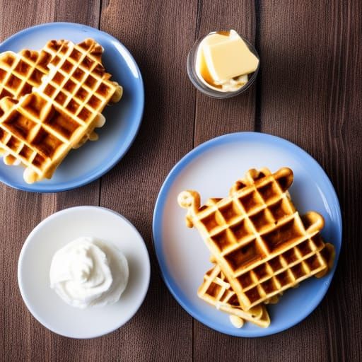 stack of delicious waffles with butter, syrup and whipped cr...