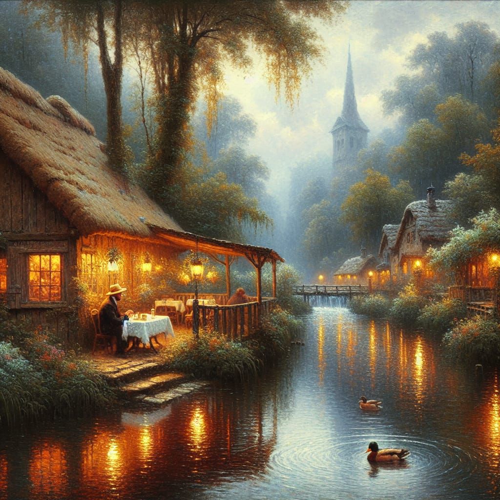 A rustic riverside cafe nestled in a bluish forest.  by @Eziuiu