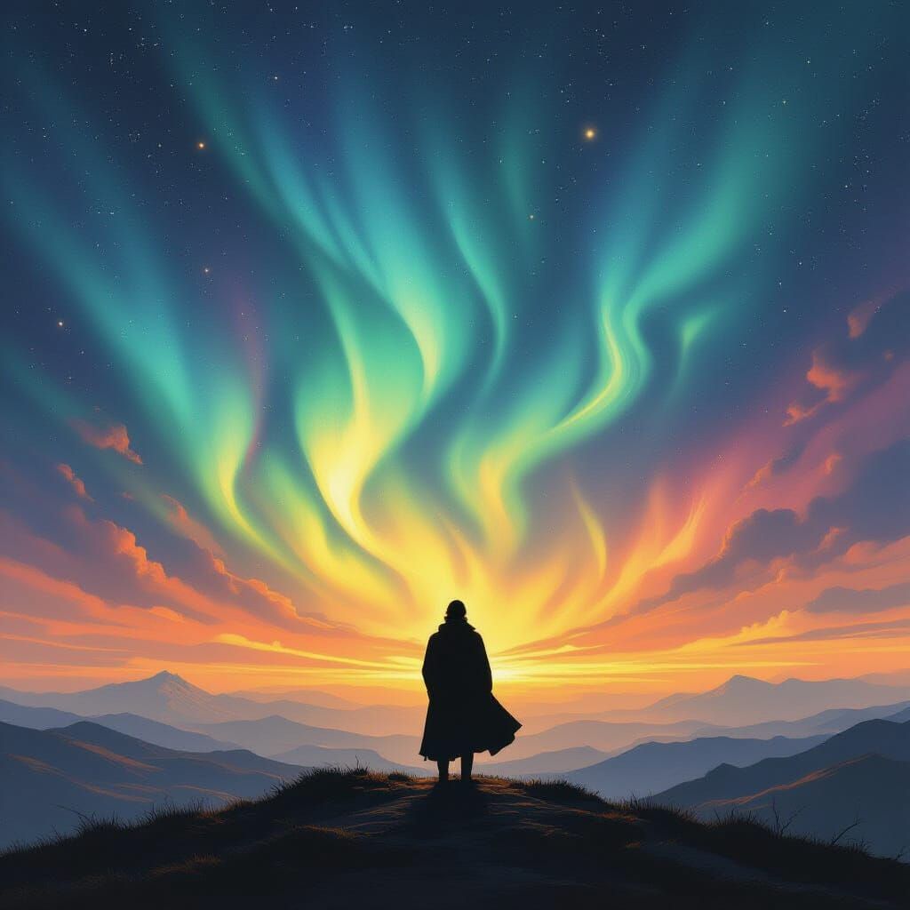 Lone Figure Gazing at Aurora in Romantic Landscape