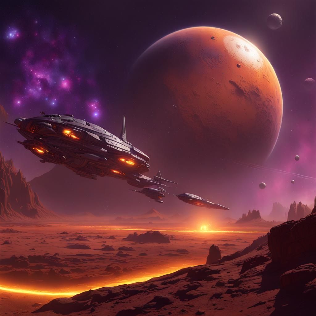 mars, fire ring, star sky, fire, space ships, future