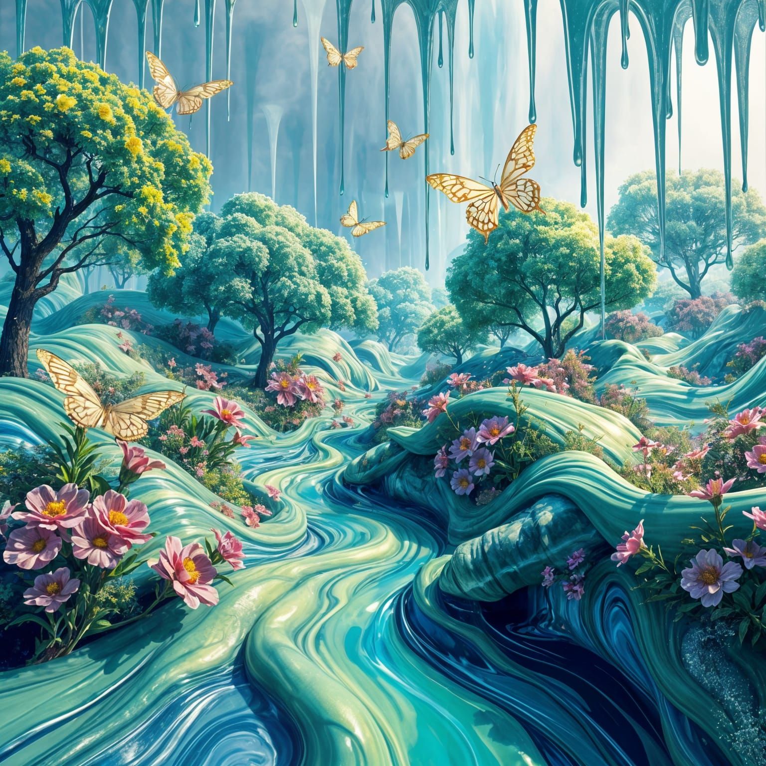 A surreal, elegant landscape bathed in shimmering, iridescent light, rendered in the style of melting ...  by @Linda
