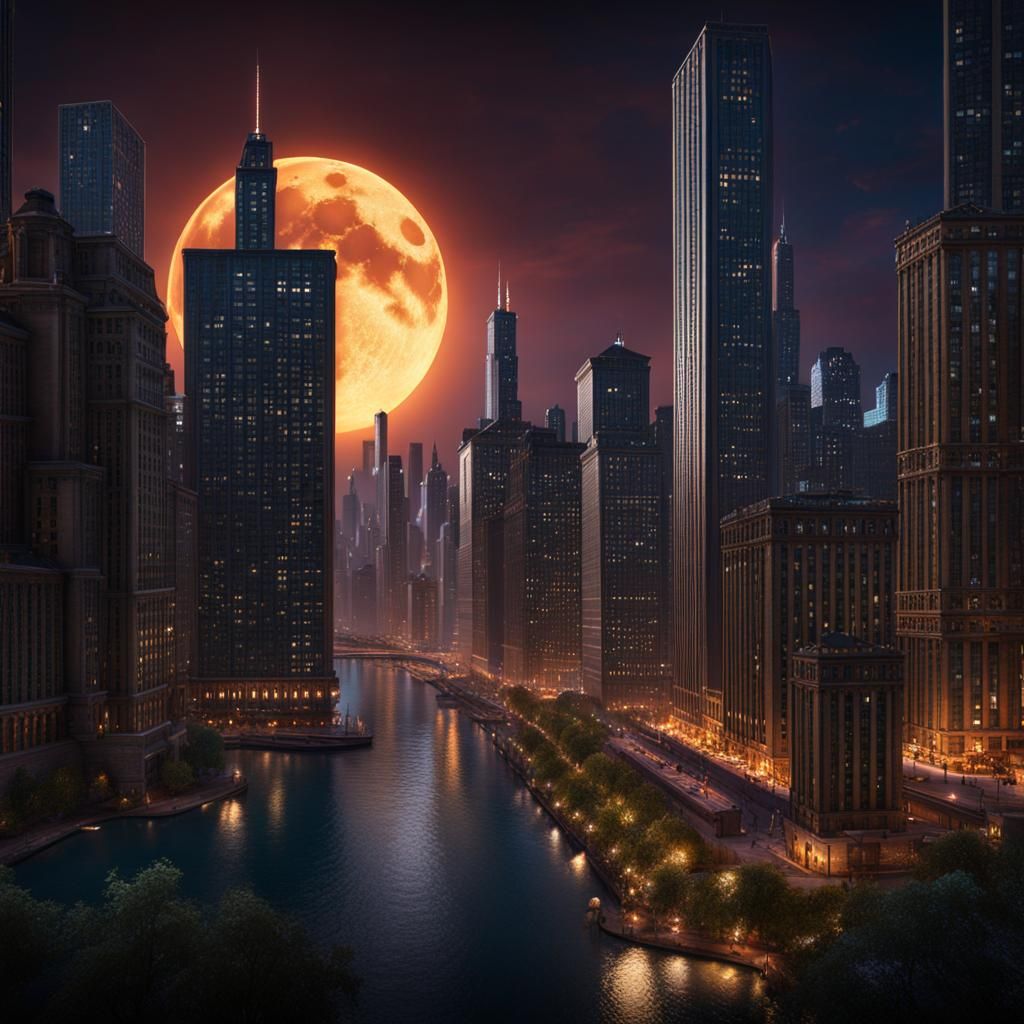 Chicago Cityscape at Night in Detailed Matte Painting
