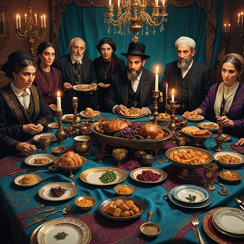 Jewish Family at Shabbat Table in Ornate Setting