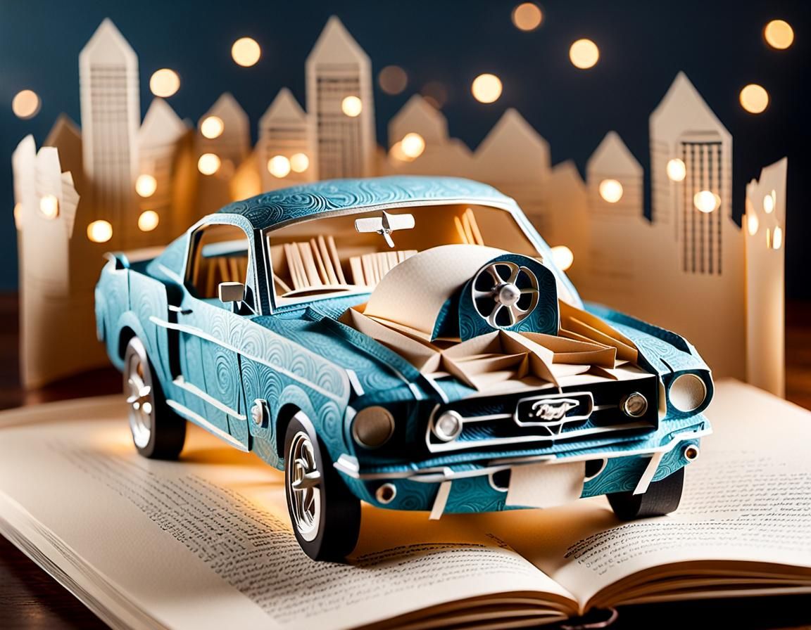open "popup book" in paper displaying a Ford Mustang made out of thin