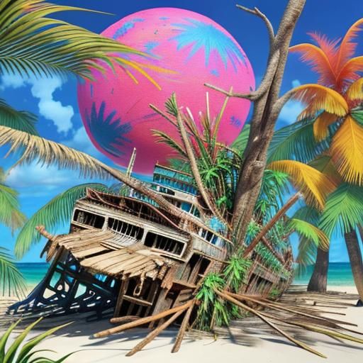 Bedspread Embroidery of Tropical Beach; wreck, driftwood, cg...