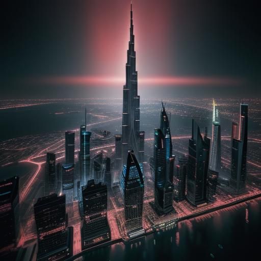 Burj Khalifa in night neon colors and glowing AI Generated Artwork