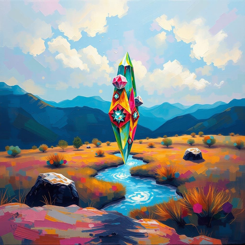 high definition colourful *Crystaldelic panoramic wide view, atmospheric* dreamy* reflections* oil on canvas painting* impressionistic style...