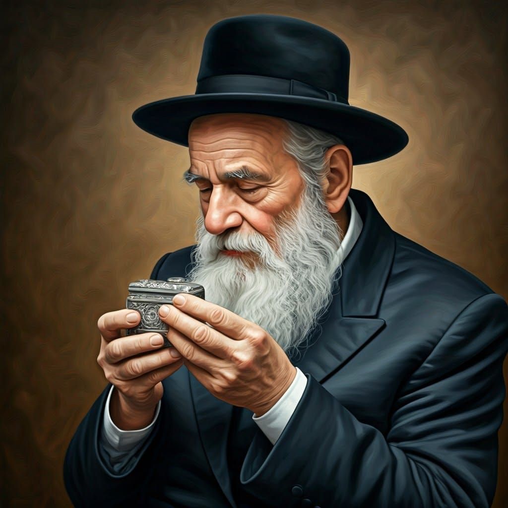 Elderly Hasidic Jew Contemplates Memories in Oil Painting St...