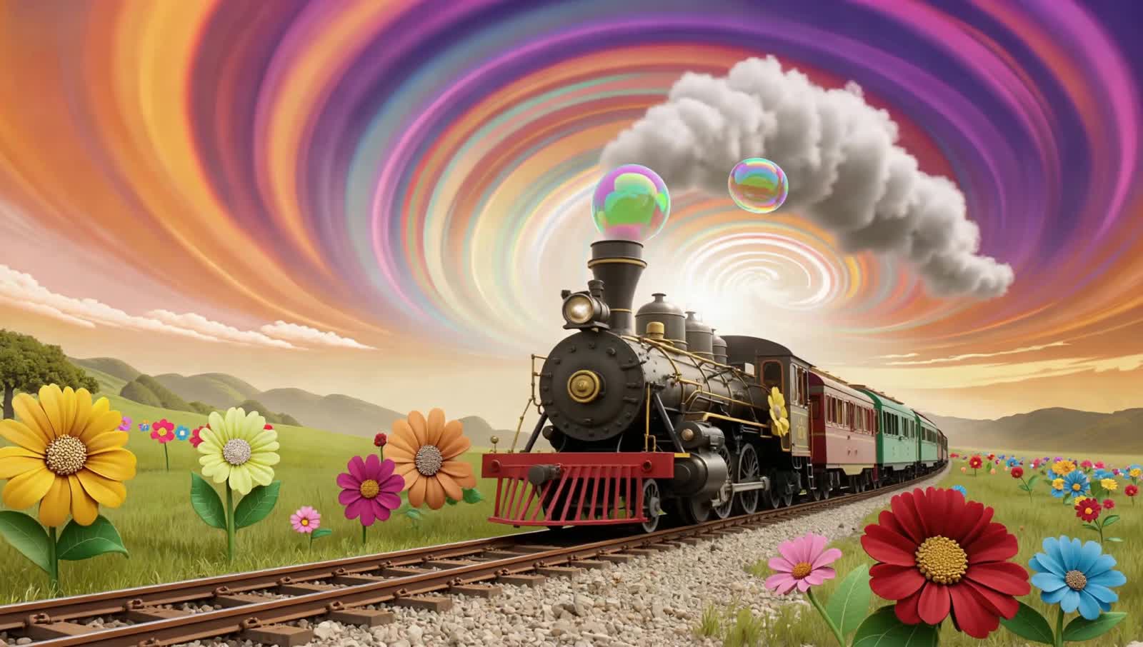 A vintage steam locomotive, reimagined with surreal, dreamlike elements, chugging through a candy-colored, pop art lands...