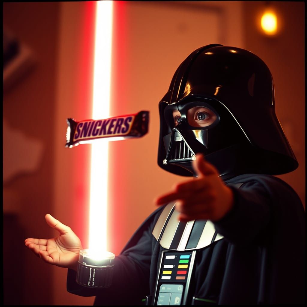 Child in Darth Vader Costume Levitate Snickers Bar