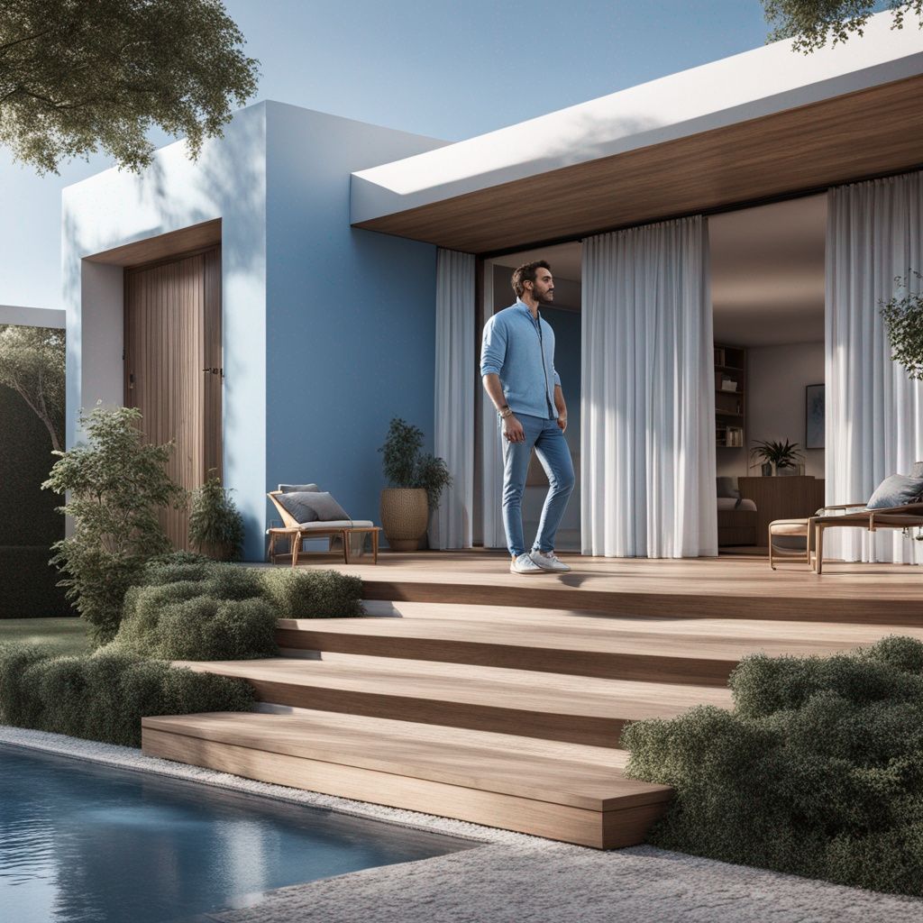 a man wearing sky blue clothes came into the house on the up...