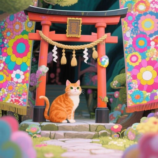 Ginger Cat at Shinto Shrine in Whimsical Style