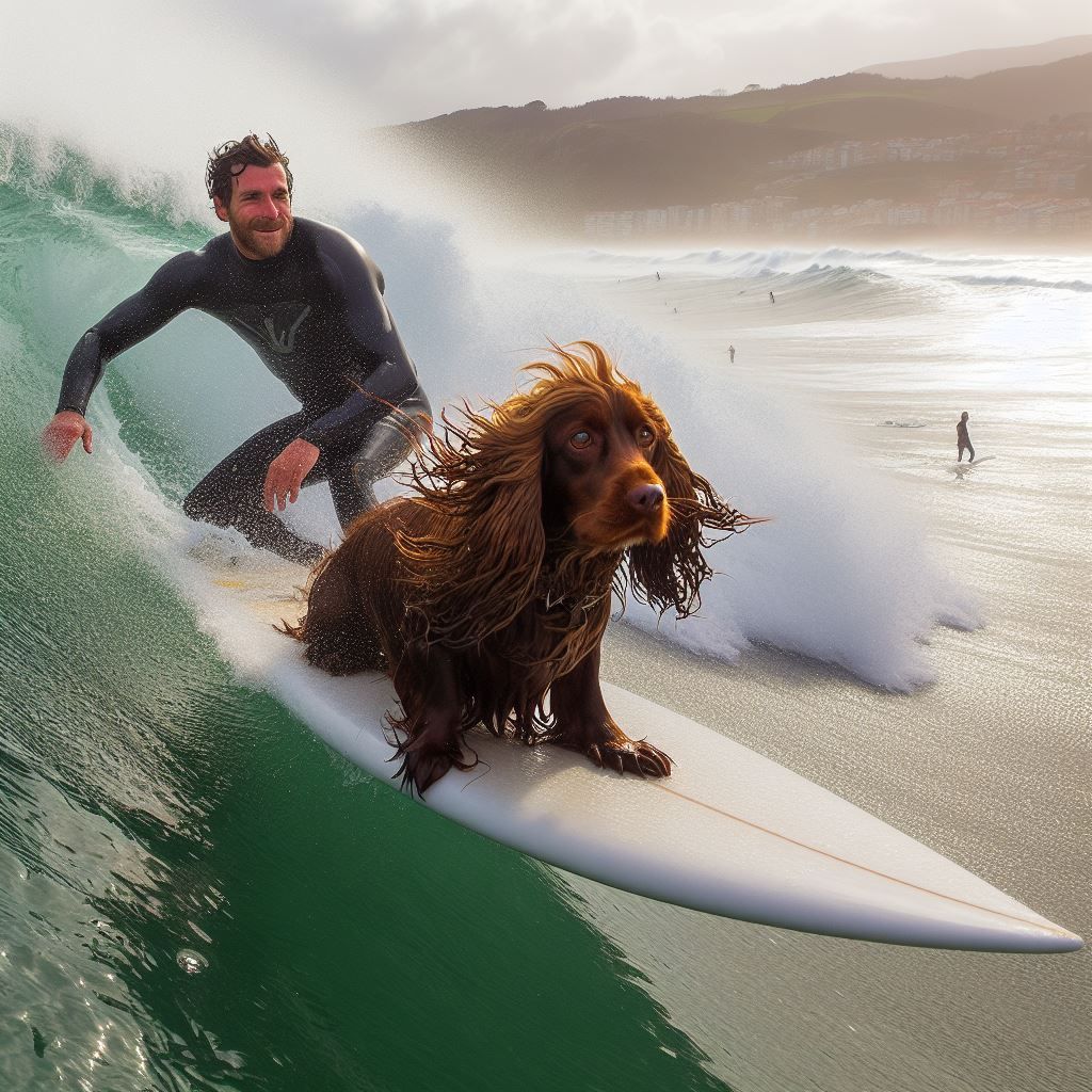 Cocker spaniel taking a surf ride