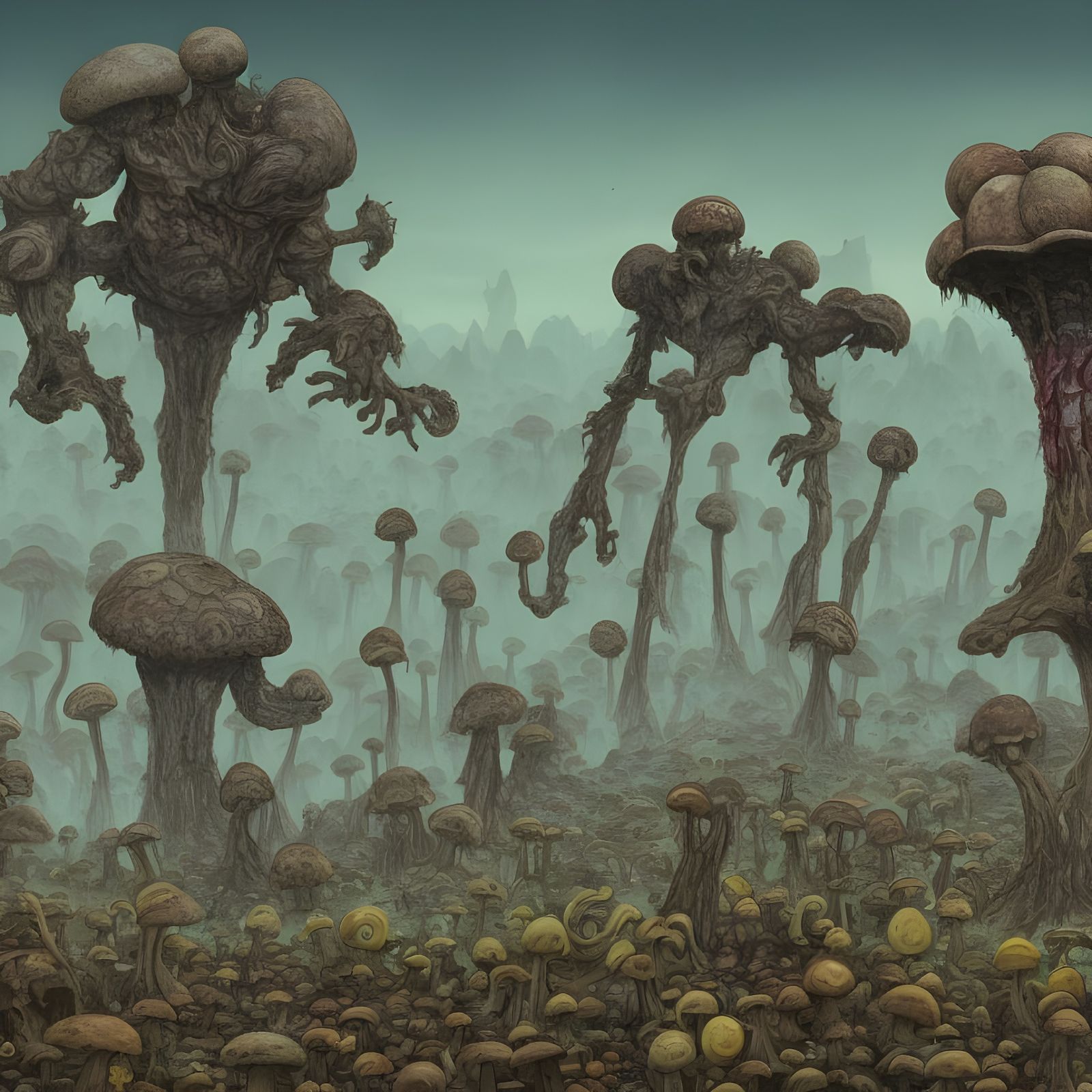Covered by wart-covered cap of immense size vaguely humanoid...