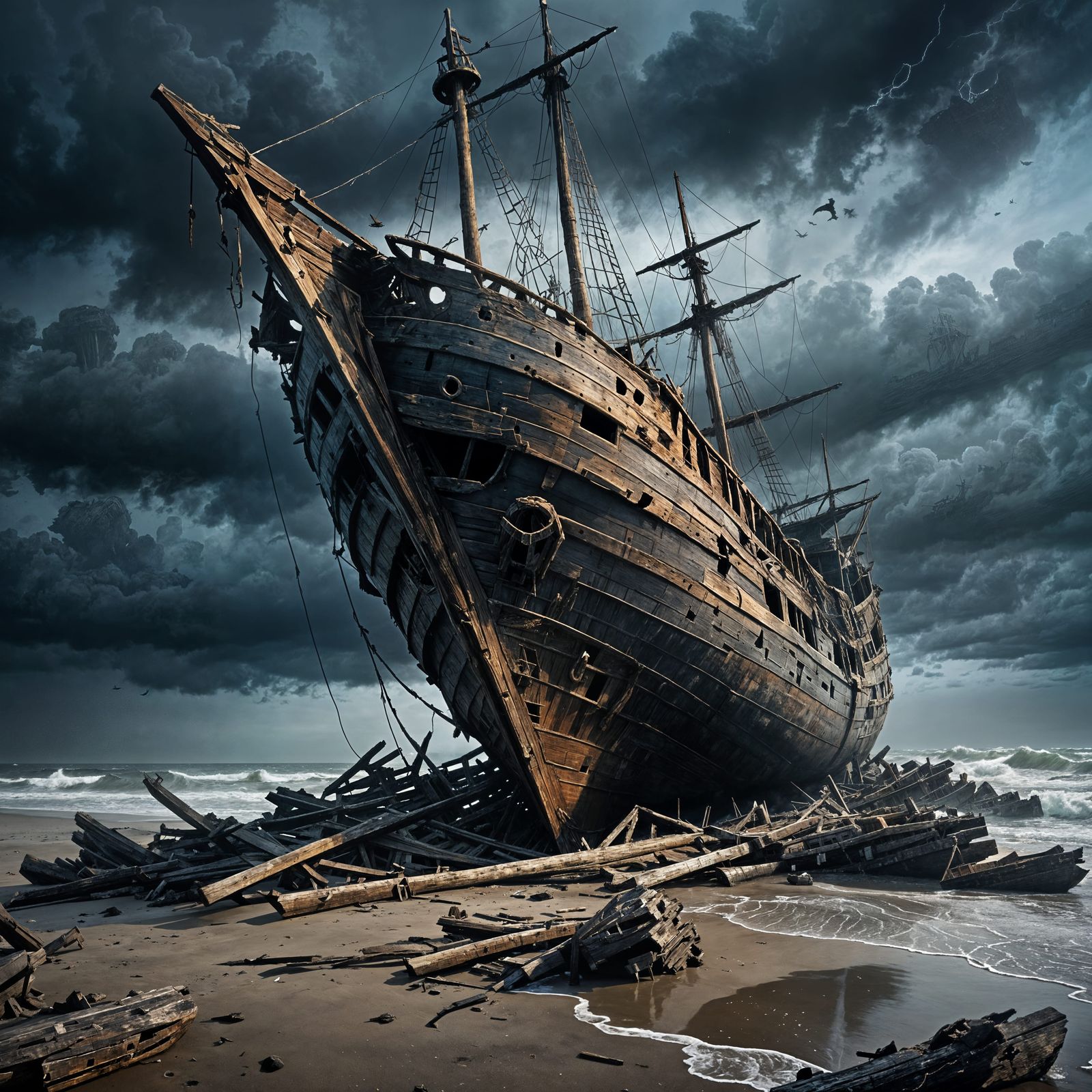 An ancient shipwreck stranded on a misty shore. Its sails are torn, and the wood is decayed. Dark, ominous ...  by @ZoinMihailo