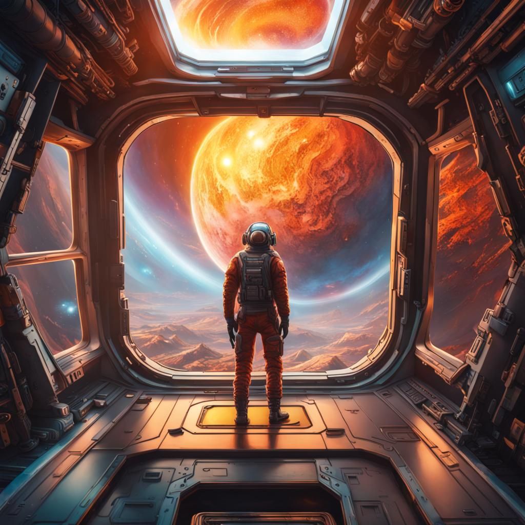 looking down on a fire planet from the window in the middle of the spaceship, future tech, hyperdetailed ...  by @Negativ G