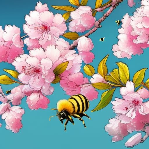 cherry blossoms and bees, luminous colors, golden outlines, highly ...