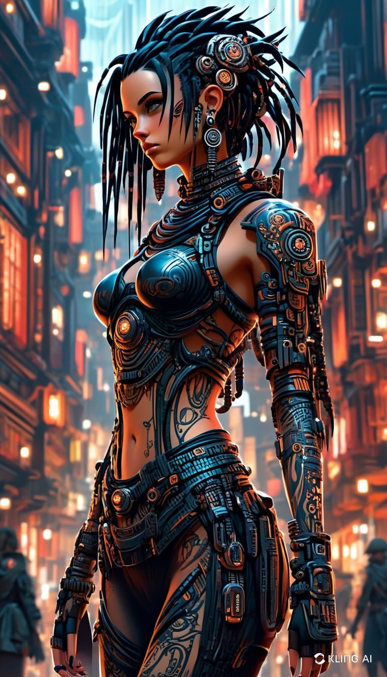 The painting is in the style of cyberpunk
