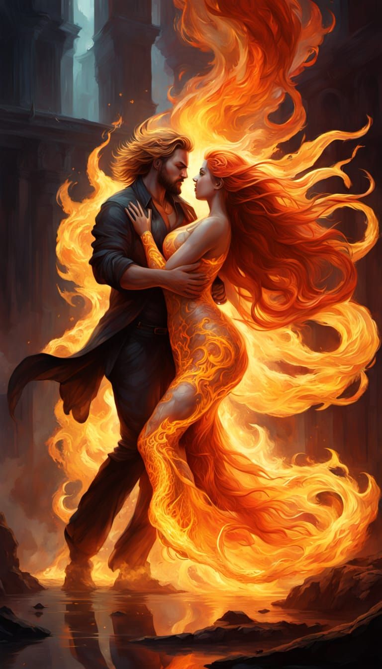 Two flaming figures, a man and a woman, float above a barren desert floor. The man is made of flames. He is large, plus-size, and embracing ...