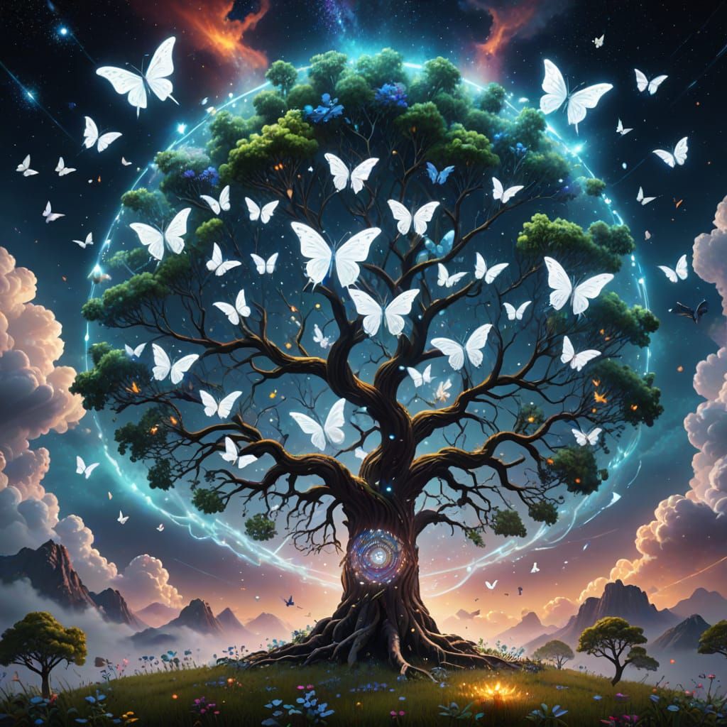 Luminous Tree of Life White ethereal butterflies dance through cosmic clouds. The radiant Tree of Life ...  by @Hani1