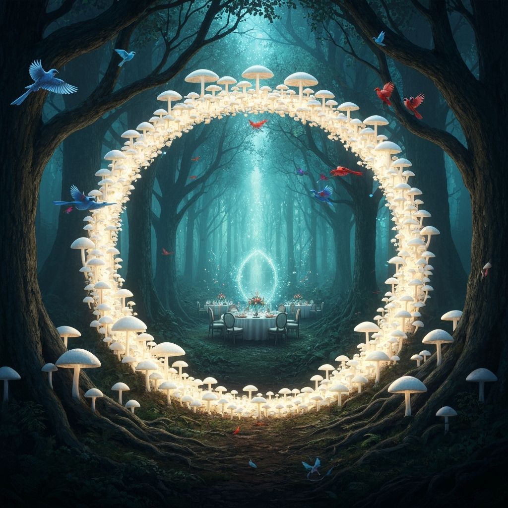 a ring of glowing white mushrooms in a forest of dark trees and blue and red birds; within the circle is a portal to a forest with a banquet...