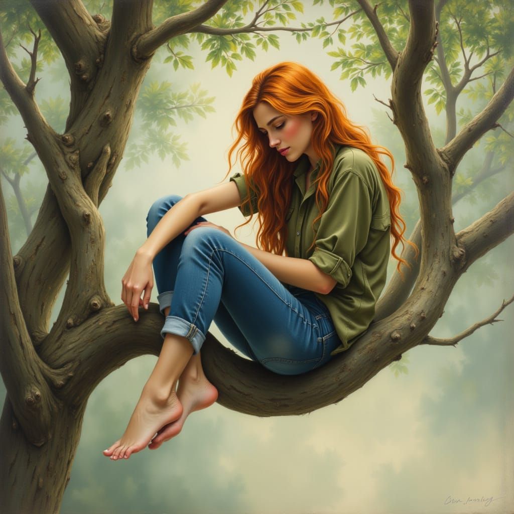 Woman in Olive Shirt Sits on Tree Branch in Dreamlike Style