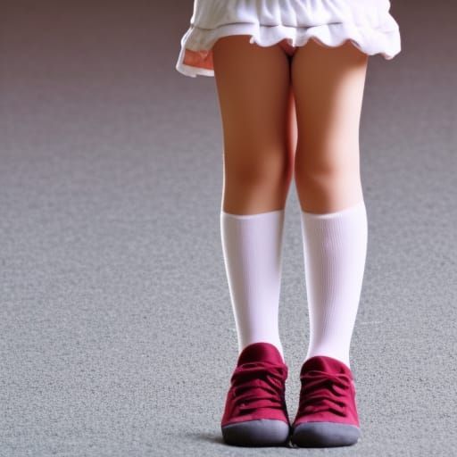 skinny Girl with big eyes smiling and wearing knee high long...
