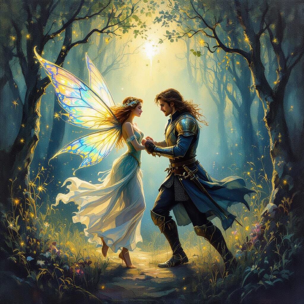 Masterpiece in oils,  Mysterious forest fairy with bioluminescent wings  dancing with a handsome knight madly in love. Ethereal impressionis...