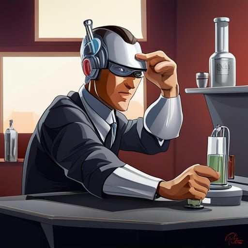 Cyborg Bartender in Neon Cityscape