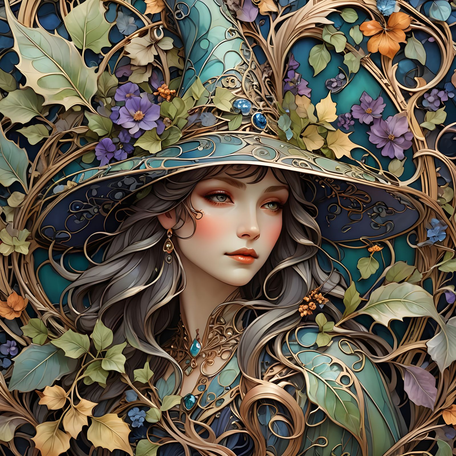 An art nouveau witch hat. Lots or nature like ornaments