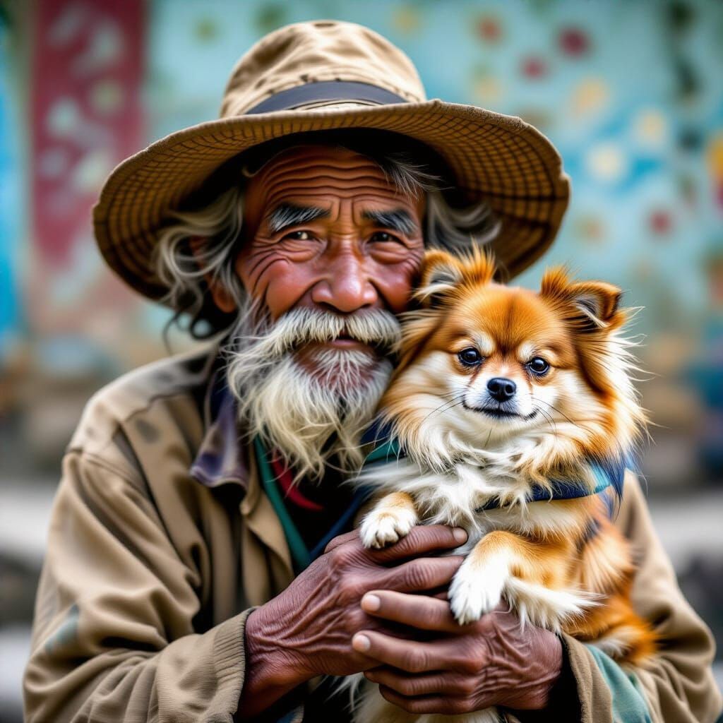 weathered ancient man  holding peke