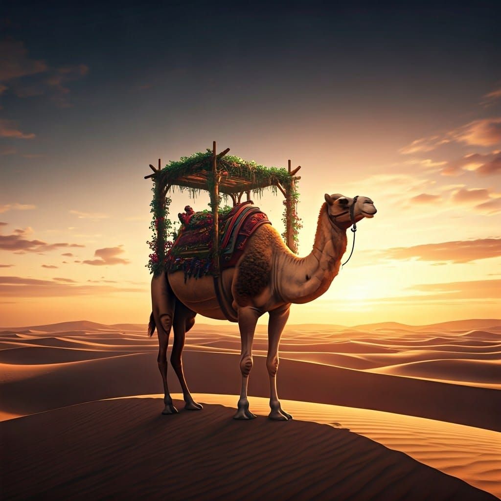 Majestic Camel Under Traditional Jewish Sukkah in Desert Sun...