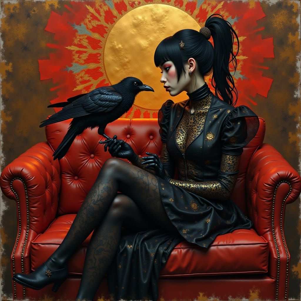  <lora:Gold Black flux:1.0> sitting on a red couch holding a crow