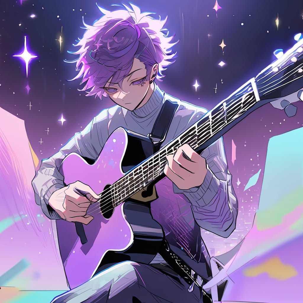 Anime Punk Boy with Purple Hair Plays Guitar in Pastel Color...