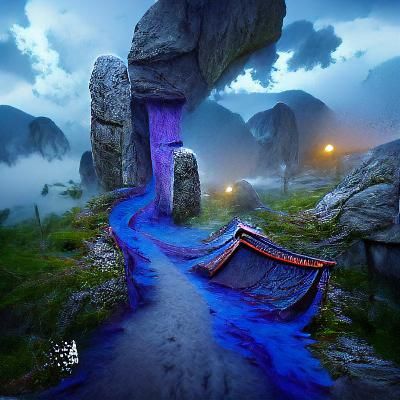 mystic path, hyperrealistic, ancient, blue and violet