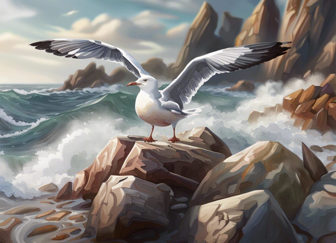 Rocky shoreline with crashing waves and a perfectly detailed...