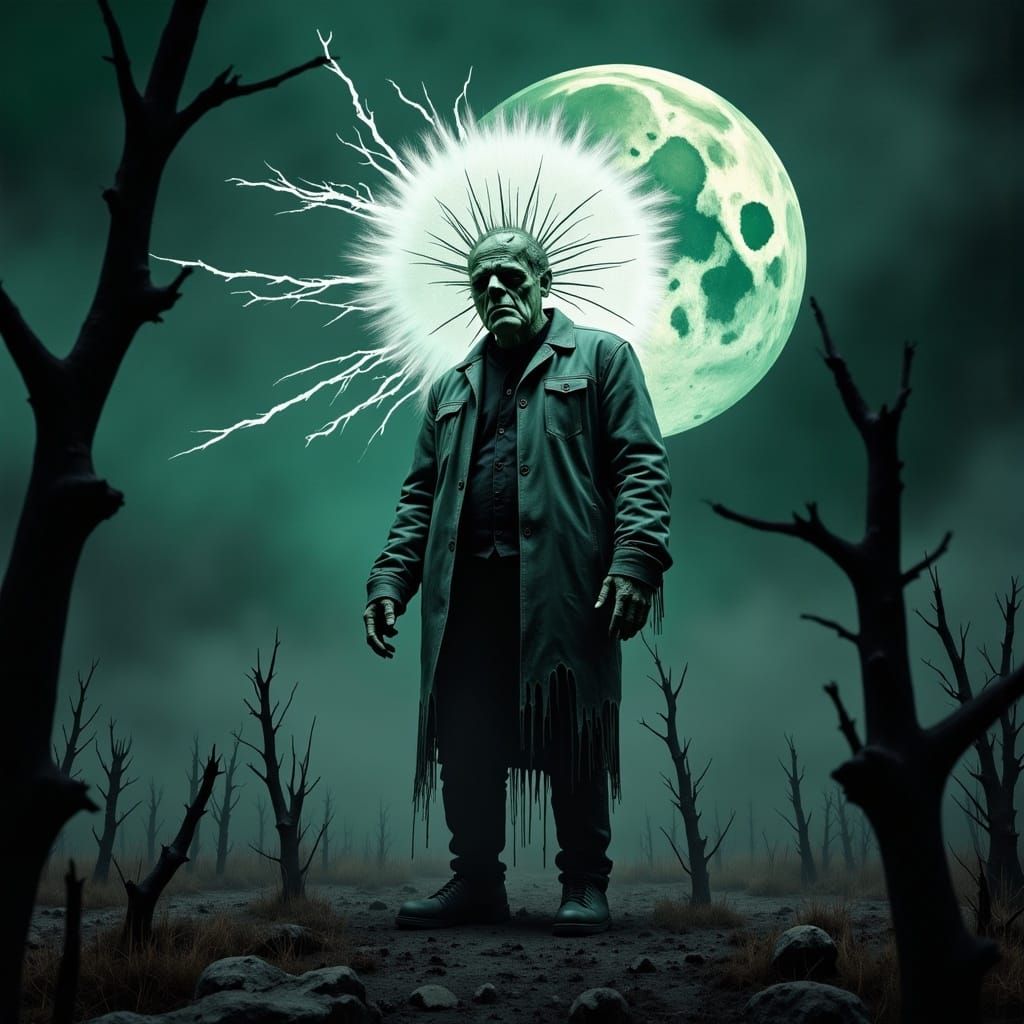 Graveyard thorns eerie::vortex:: Halloween horror Frankenstein blowing on a luminescent glowing toxic white dandelion seed blowing fluff int...
