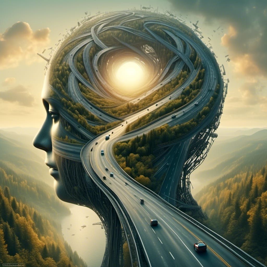 <lora:Road-SDXL-V2:1.0>  Roads leading into the mind, brain art of the roads going into the mind of a man, concept art inspired by Igor mors...