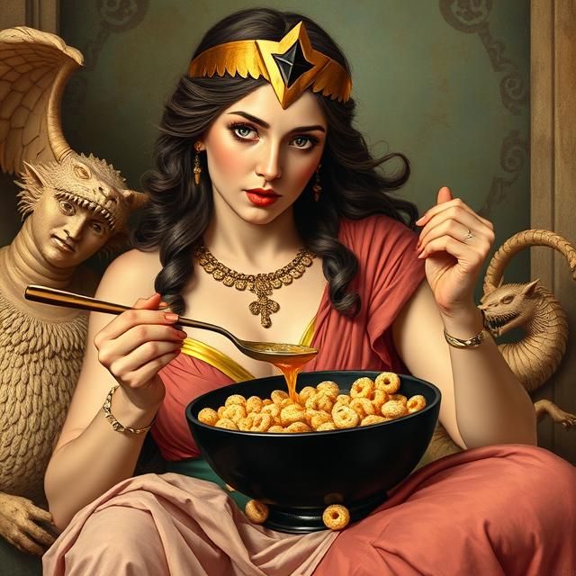 WONDER WOMAN EATING KELLOGG'S HONEY CHEERIOS IN A BLACK BOWL USING A SPOON.