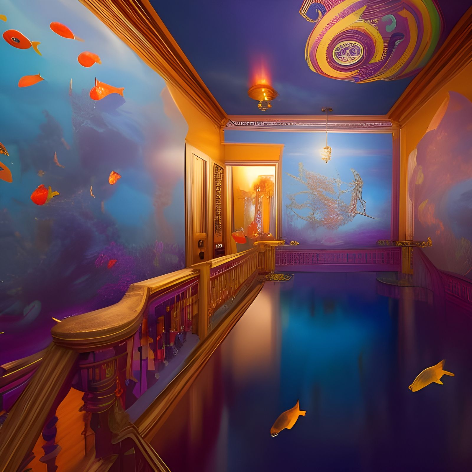 Colorful fish swim in the air in a fancy Victorian home