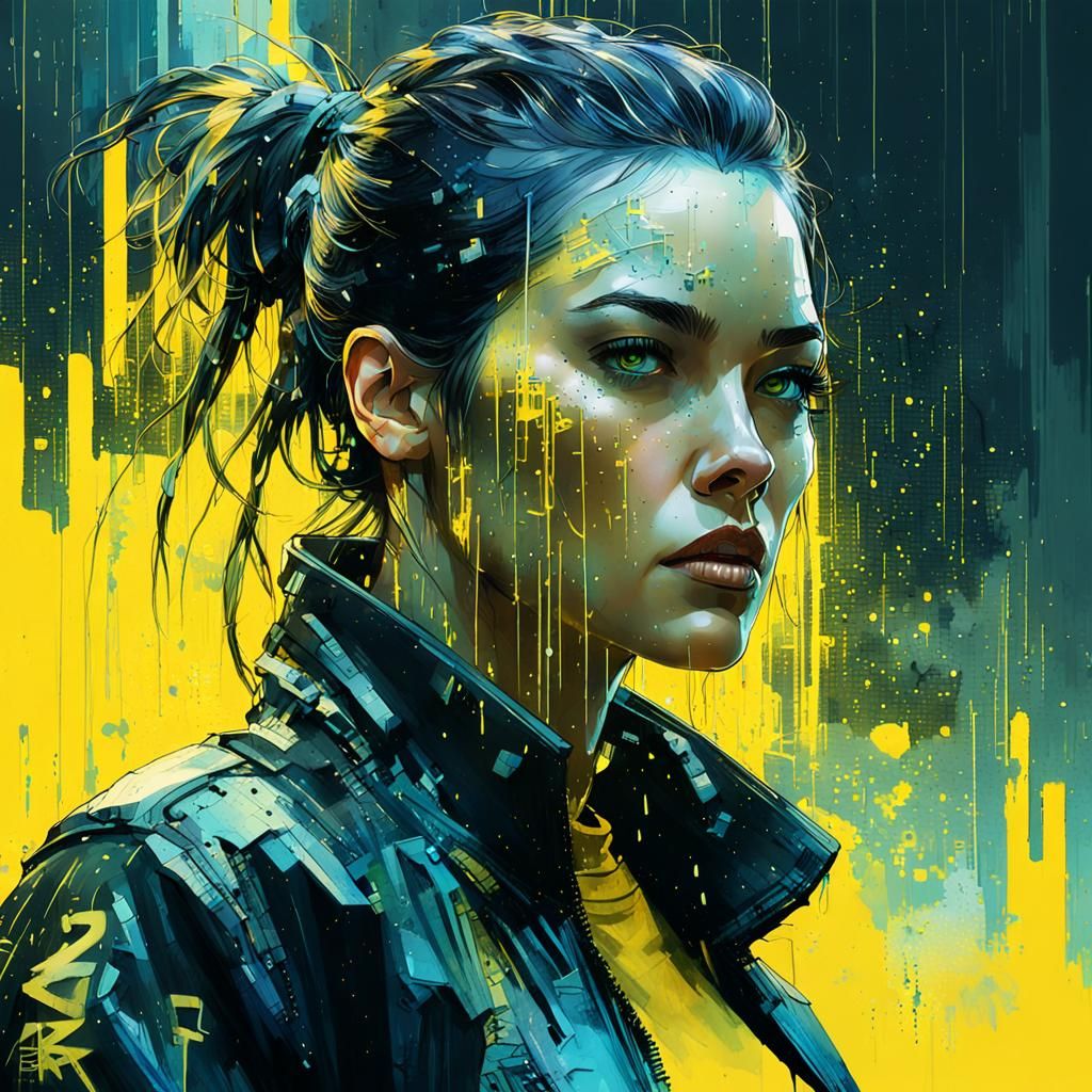 yellow matrix letters raining on a cyberpunk girl,