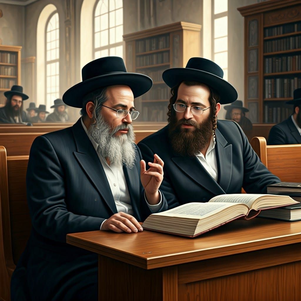 Traditional Hasidic Jewish Scholars in Sunlit Beit Midrash S...