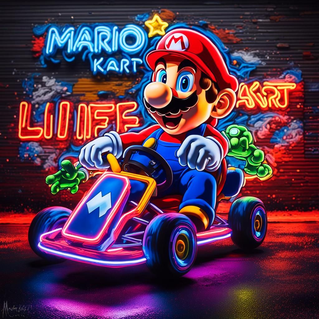 neon images of a neon lit sign with the text 'MARIO KART' and a neon lit GIANT Life Like MARIO KART absolutely ...  by @jnatas