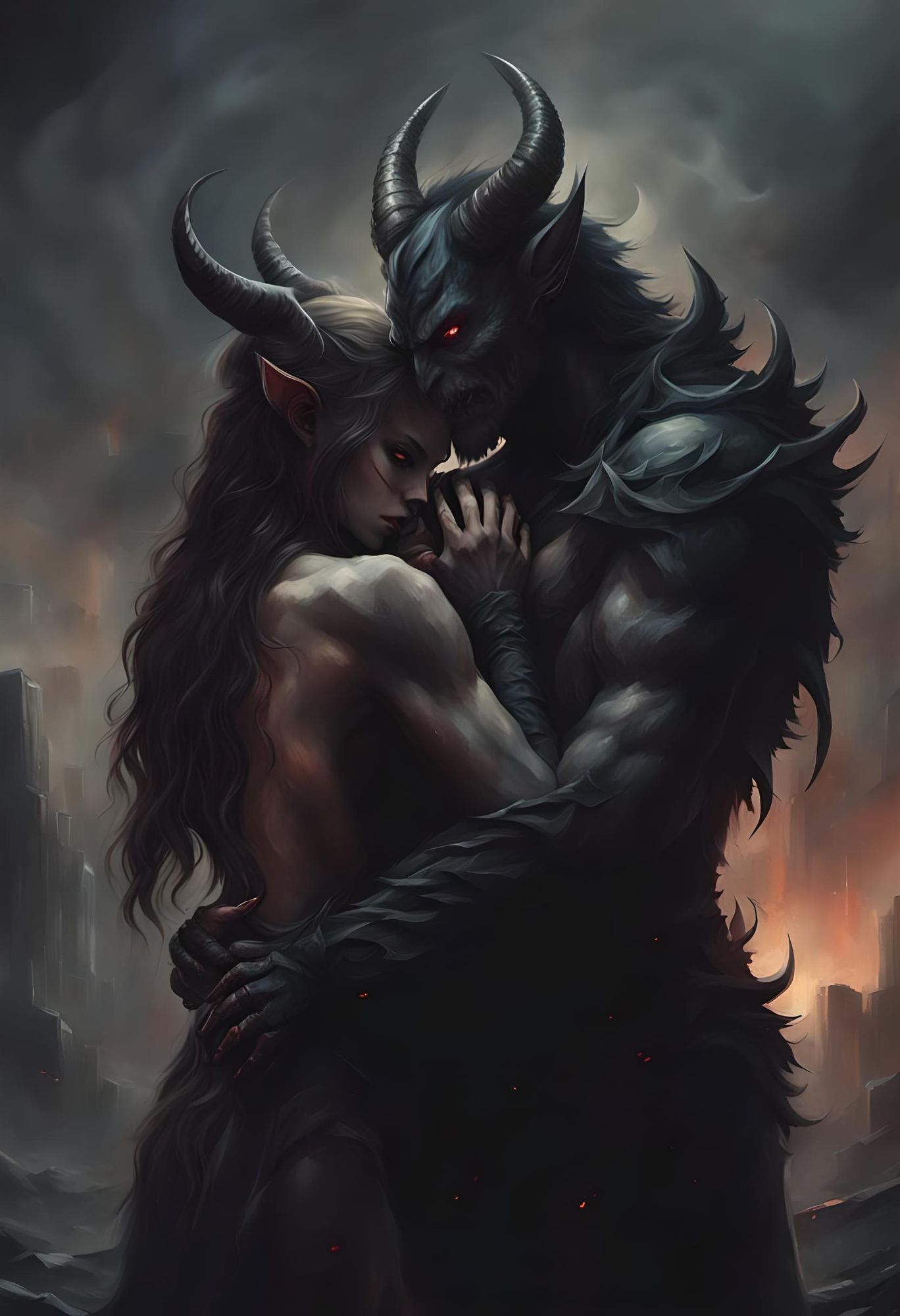 A fantasy scene featuring a demon man and woman in an embrace.