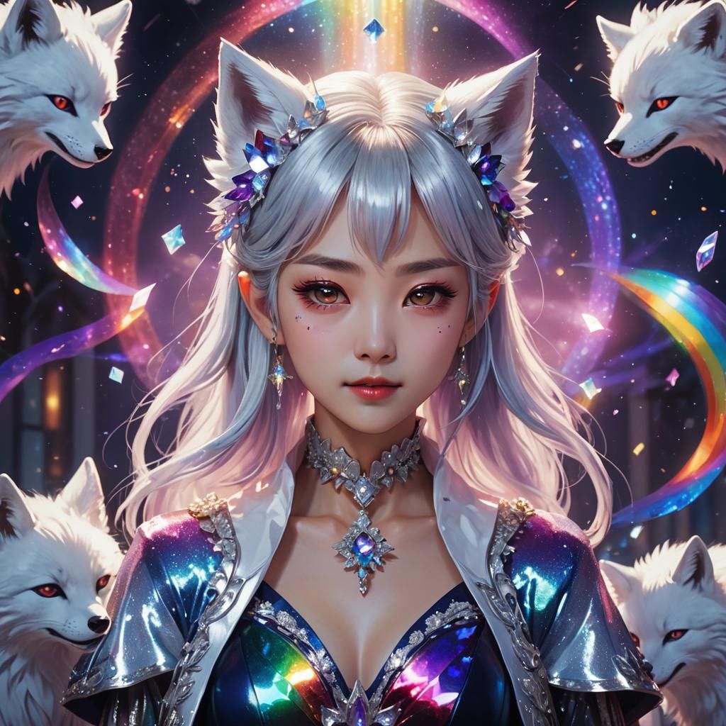 korean lady silver hair rainbow dress rainbow crystals white...